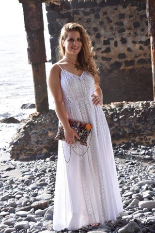 Rayon Crape Medieval Peasant Net Spaghetti Strap Dress - Agan Traders, White