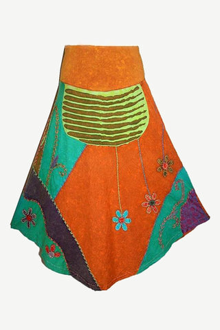 Nepal Rib Cotton Embroidery Patch Razor Cut Gypsy Skirt - Agan Traders, Multicolor