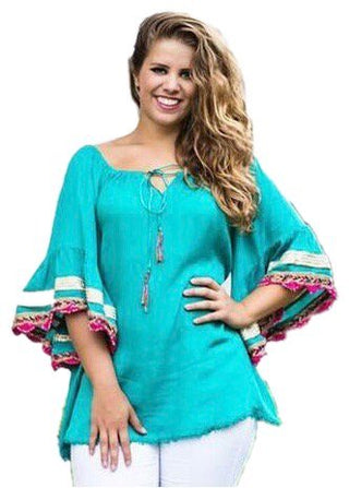 Rayon crape Bohemian Medieval Bell Sleeve Embroidered Rope Tie Tunic Blouse - Agan Traders, Ocean Green