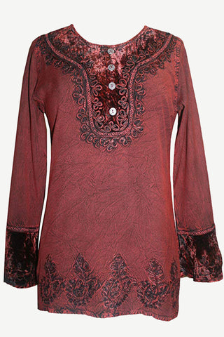 Gypsy Vintage Embroidered Elegant Rayon Velvet Tunic Top Blouse - Agan Traders, Burgundy