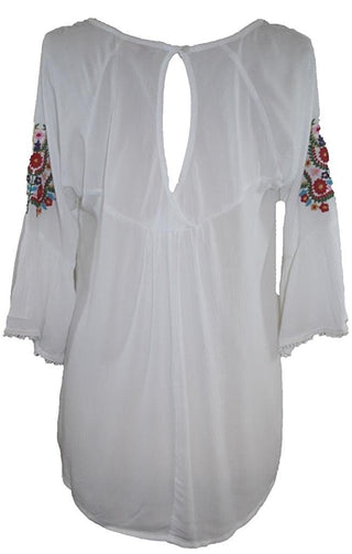 Rayon Crape Bohemian Medieval Bell Sleeve Embroidered Tunic Blouse - Agan Traders, White