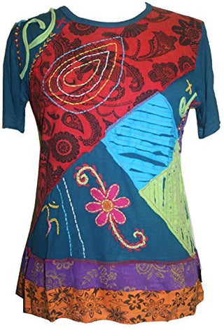 Rib Soft Viscose Light Weight Patch Embroidered T-shirt Top Blouse - Agan Traders, Multicolor
