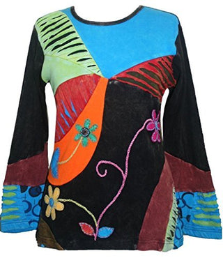 Rib Cotton Patched Embroidered Bohemian Gypsy Blouse - Agan Traders, Blue Multi