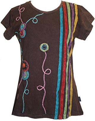 R 015 Agan Traders Knit Cotton stripe flower Boho Gypsy Top Blouse - Agan Traders, Brown