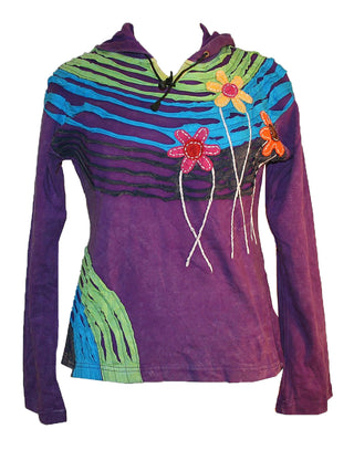 Rib Cotton Funky Patch Slit Bohemian Top Blouse Hoodie - Agan Traders, Purple