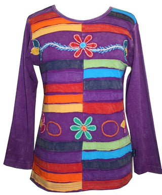 Rib Knit Cotton colorful Patched Embroidered Top Blouse. - Agan Traders, Purple