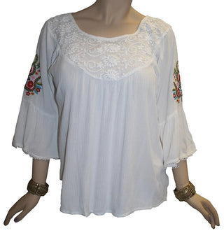 Rayon Crape Bohemian Medieval Bell Sleeve Embroidered Tunic Blouse - Agan Traders, White