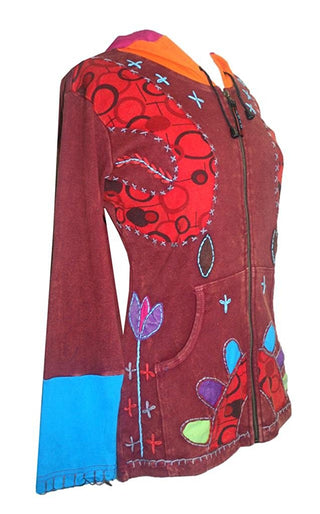 R 343 Agan Traders Rib Cotto Elf Hoodie Floral Embroidered Bohemian Jacket - Agan Traders, Maroon Multi