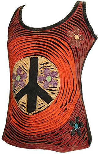 WTP 0062 Peace Symbol Razor Cut Tank Top Blouse - Agan Traders, Orange Multi