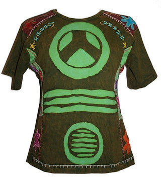 Rib Cotton Peace Symbol Top T-shirt Blouse - Agan Traders, Olive Green