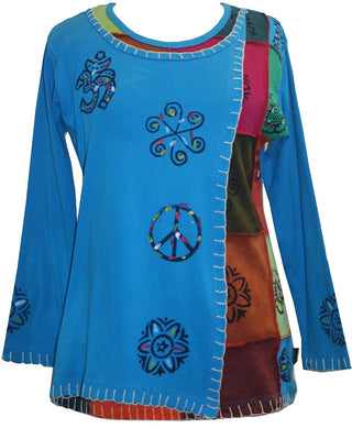 Knit Cotton Hand Brush Painted Bhoto Style Top Blouse - Agan Traders, Turquoise