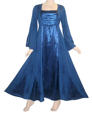 Rayon Satin Medieval Gothic Renaissance Corset Bell Sleeve Dress Gown - Agan Traders, Navy