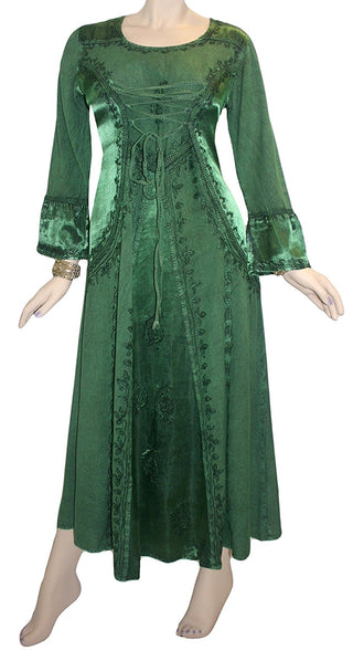 Gothic Embroidered Flare Corset Satin Long Dress Gown - Agan Traders, Green