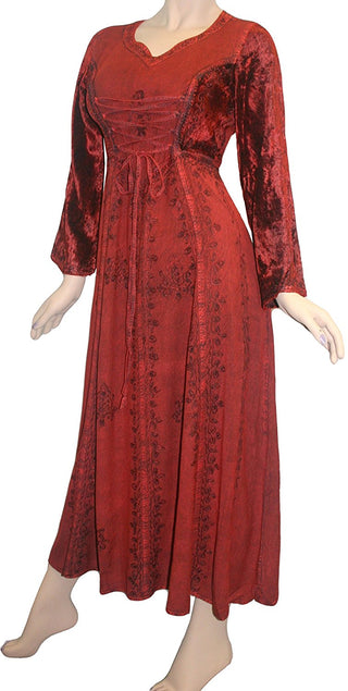 Renaissance Gothic Velvet Corset Embroidered Dress Gown - Agan Traders, Burgundy