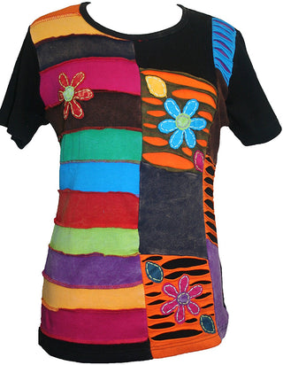 Rib Cotton Patch Flower Embroidered Tie Dye T-Shirt Blouse Top - Agan Traders, Black