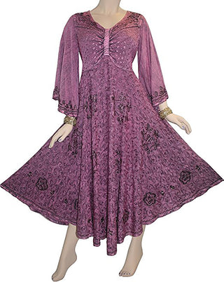 V Neck Embroidered Butterfly Bell Sleeve Flare Mid Calf Dress - Agan Traders, Plum