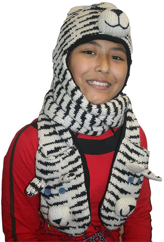 Animal Hat Combo Winter Fleece Headwear with Long Scarf and Mitten - Agan Traders
