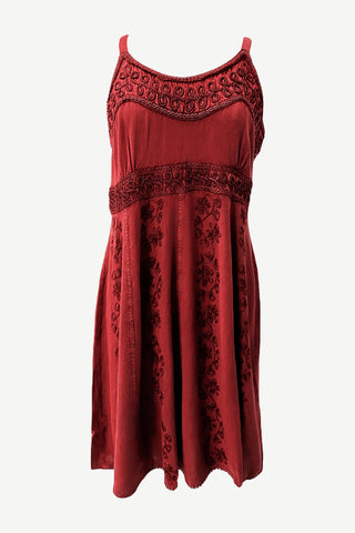 186017 DR Bohemian Spaghetti Strap Embroidered Smocked Elastic Mid Calf Sun Dress - Agan Traders, B red