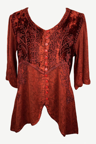 Women's Bohemian Exotic Ari Embroidered Button Down Short Sleeve Tunic Blouse - Agan Traders, Burgundy