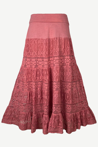1701 SKT Boho Gothic Tiered Lace Net Waistband Long Flared Cotton Skirt Maxi - Agan Traders, Dusty Pink