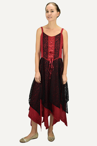 Asymmetrical Hem Net Renaissance Gothic Spaghetti Strap Summer Dress - Agan Traders, Black Red