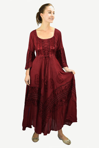 106 DR Renaissance Victorian Embroidered Flaire Hem Corset Dress Gown - Agan Traders, Burgundy