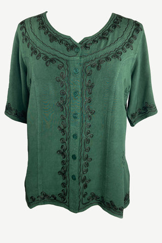 Gypsy Medieval Scoop Neck Embroidered Top Blouse - Agan Traders, E Green