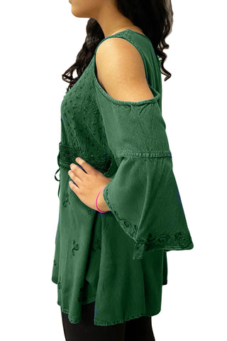 18608 B Bohemian Diamond Neck Cold Shoulder Embroidered Front Tie 3/4 Bell Sleeve Blouse - Agan Traders, E Green