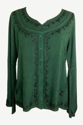 Gypsy Medieval Embroidered Gothic Peasant Top Bell Blouse - Agan Traders, Green