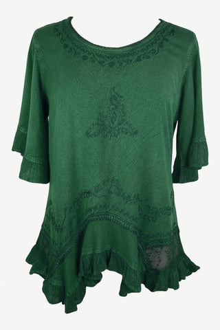18 6027 B Bohemian Medieval Embroidered Round Neck Ruffle Hem Short Sleeve Blouse Top