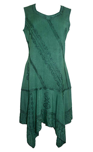 Gypsy Peasant Funky Asymmetrical Hem Short Dress - Agan Traders, Hunter Green