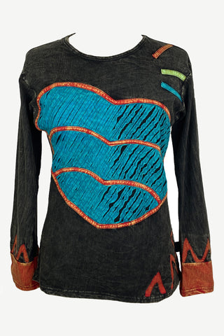 R 006 Agan Traders Rib Cotton Heart Patched Funky Boho Gypsy Top Blouse - Agan Traders, Multi