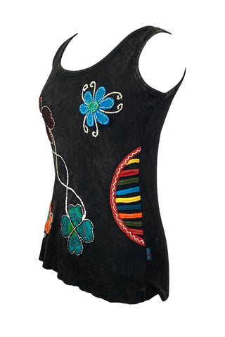 0080 RB Soft Knit Sleeveless Wide Strap Embroidered Tank Top Blouse - Agan Traders, Black