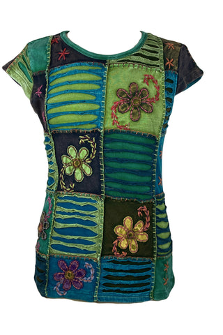 Knit Cotton Boho Razor Cut Embroidered Cap Sleeve Top Blouses - Agan Traders, Green