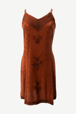 186020 DR Bohemian Medieval Spaghetti Strap V-Neckline Mid Calf Dress - Agan Traders, Orange Rust