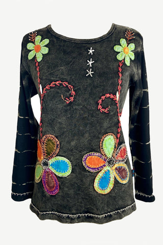 Knit Cotton Flower Embroidery Cotton Bohemian Top Blouse - Agan Traders, Charcoal