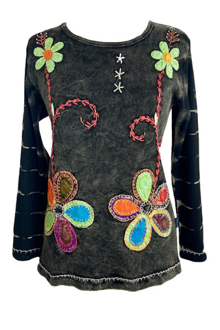 Knit Cotton Flower Embroidery Cotton Bohemian Top Blouse - Agan Traders, Charcoal