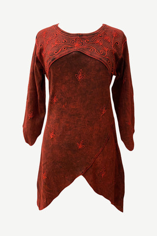 R 303 B Rib Knit Cotton Asymmetrical Hem Embroidered 3/4 Sleeve Tunic Blouse - Agan Traders, Burgundy