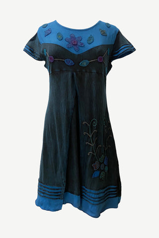 R 309 DR Rib Cotton Light Weight Razor Cut Patched Summer Cap Sleeve Knee Length Dress - Agan Traders, Blue