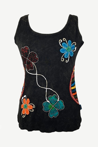 0080 RB Soft Knit Sleeveless Wide Strap Embroidered Tank Top Blouse - Agan Traders, Black