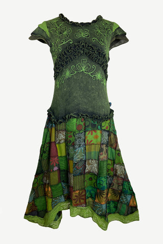 311 RD Bohemian Knit Cotton Funky Gauzy Lace Flare Patched Skirt Combo Cap Sleeve Dress