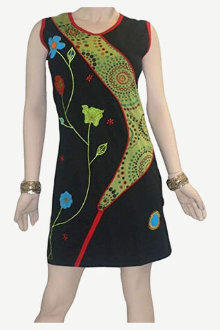 Soft Bohemian Gypsy Knit Cotton Patched Printed  Knee Length Dress - Agan Traders, Olive Black