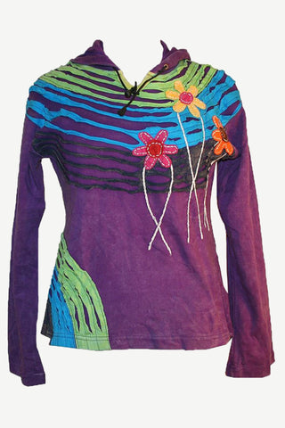 Rib Cotton Funky Patch Slit Bohemian Top Blouse Hoodie - Agan Traders, Purple