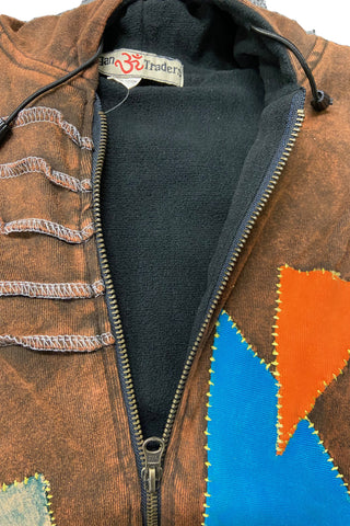Rib Cotton Assymetrical Patches Bohemian Fleece Jacket Hoodie - Agan Traders, Rust Denim