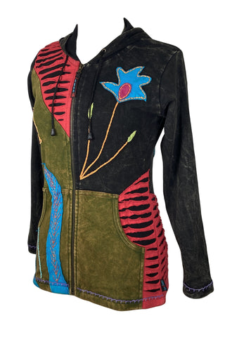 R 344 Agan Traders Cotton Razor Cut Embroidered Bohemian Hoodie Knit Cotton Rib Jacket Nepal - Agan Traders, Multi