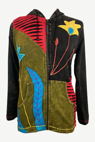 R 344 Agan Traders Cotton Razor Cut Embroidered Bohemian Hoodie Knit Cotton Rib Jacket Nepal - Agan Traders, Multi