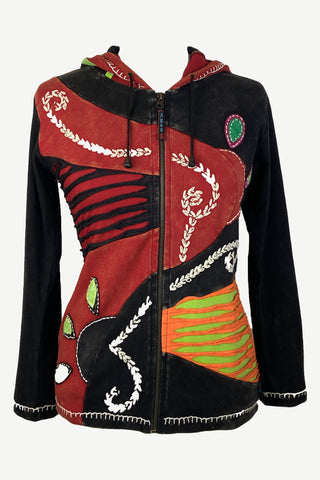 R 346 Agan Traders Nepal Rib Embroidered Cotton Bohemian Hoodie Jacket - Agan Traders, Black Red