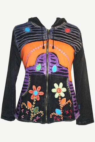 Funky Cotton Multi Patched Bohemian Fleece Hoodie Jacket - Agan Traders, Charcoal