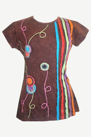 R 015 Agan Traders Knit Cotton stripe flower Boho Gypsy Top Blouse - Agan Traders, Brown