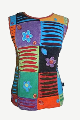 Cotton Viscose Vibrant Patch Razor Cut Embroidered Cap Sleeve Top Blouse - Agan Traders, Multicolor